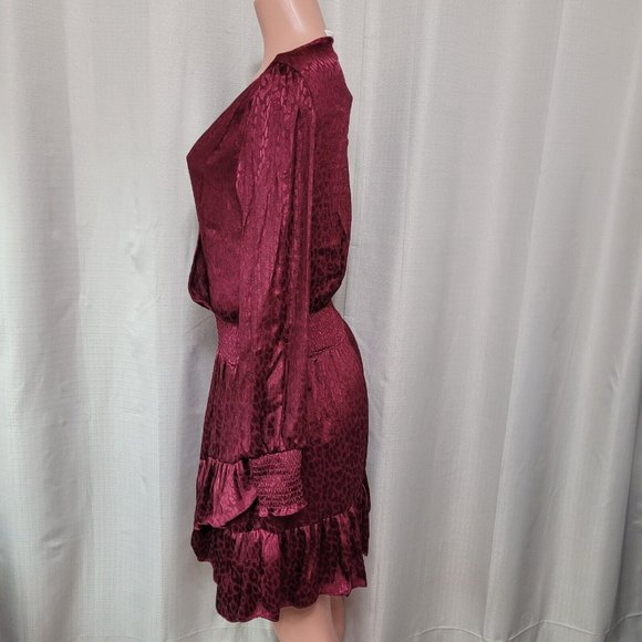 Michael Kors Julia Faux Wrap Ruffle Hem Mini Dress Size M Dark Ruby Cheetah NWT - Picture 3 of 12